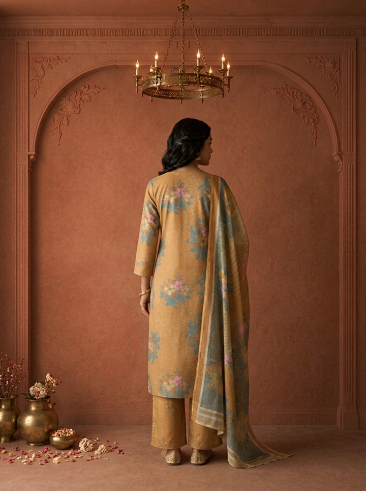 Mustard Green Rayon Floral Printed Three Piece Set