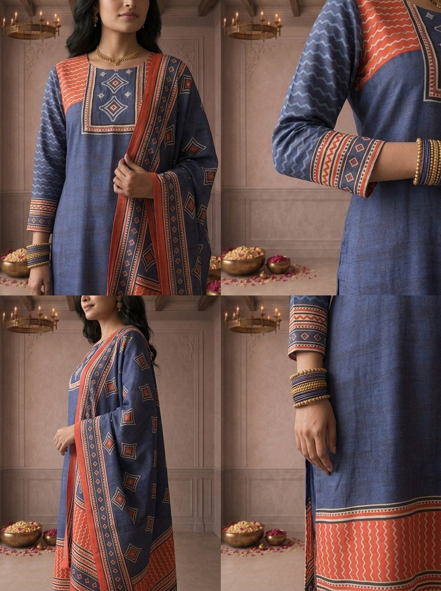 Navy Blue Muslin Geometric Printed Three Piece Set