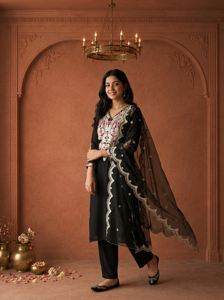 Black Crepe Solid With Paisley Embroidered Three Piece Set