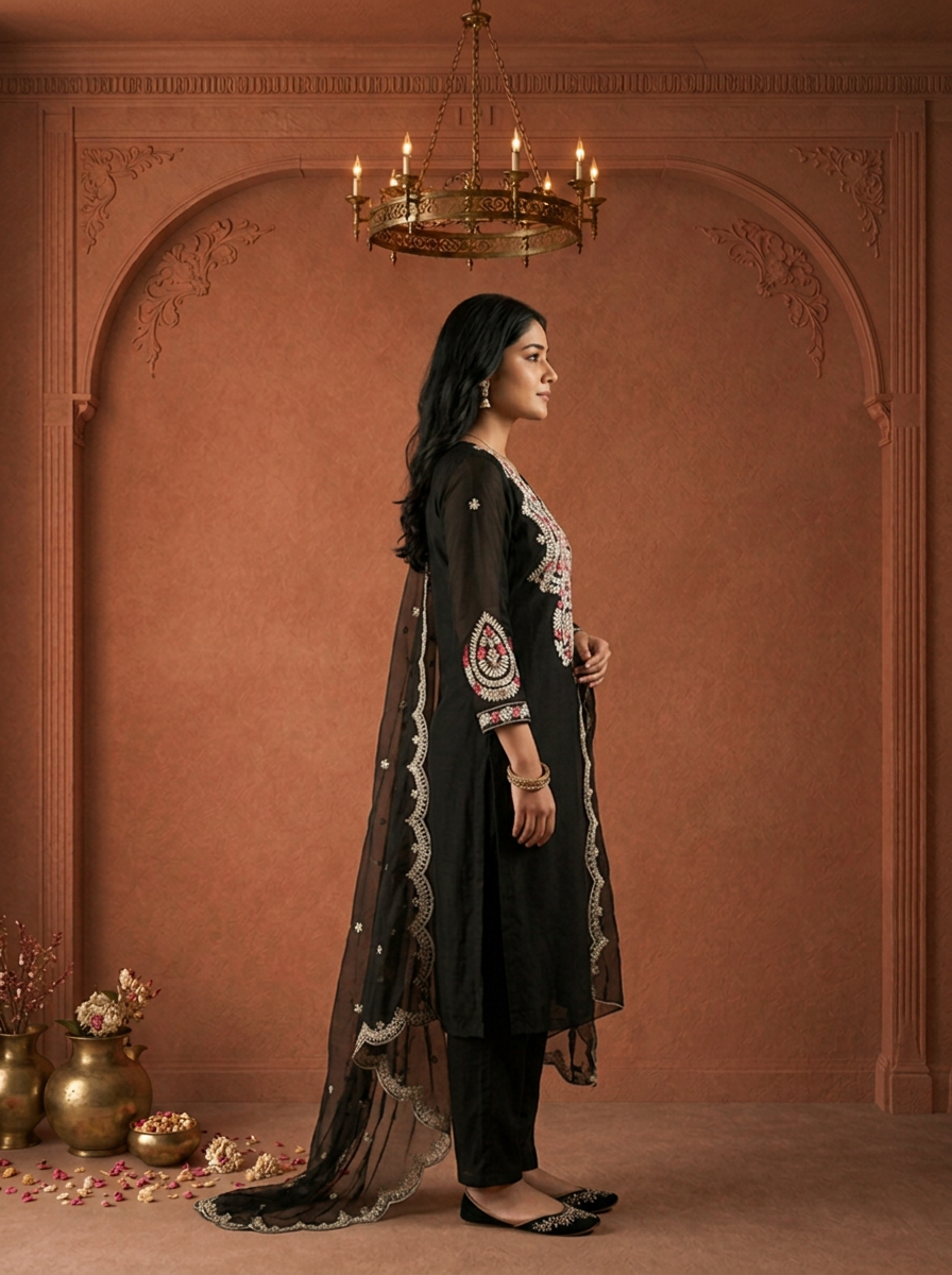 Black Crepe Solid With Paisley Embroidered Three Piece Set
