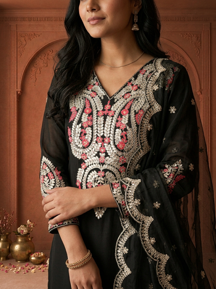Black Crepe Solid With Paisley Embroidered Three Piece Set