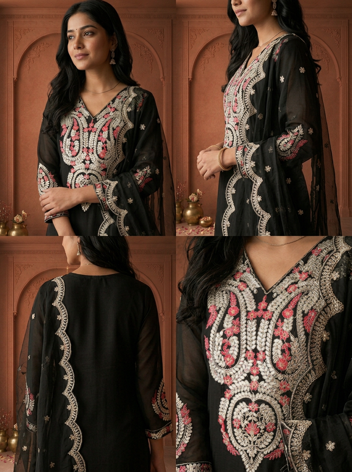 Black Crepe Solid With Paisley Embroidered Three Piece Set