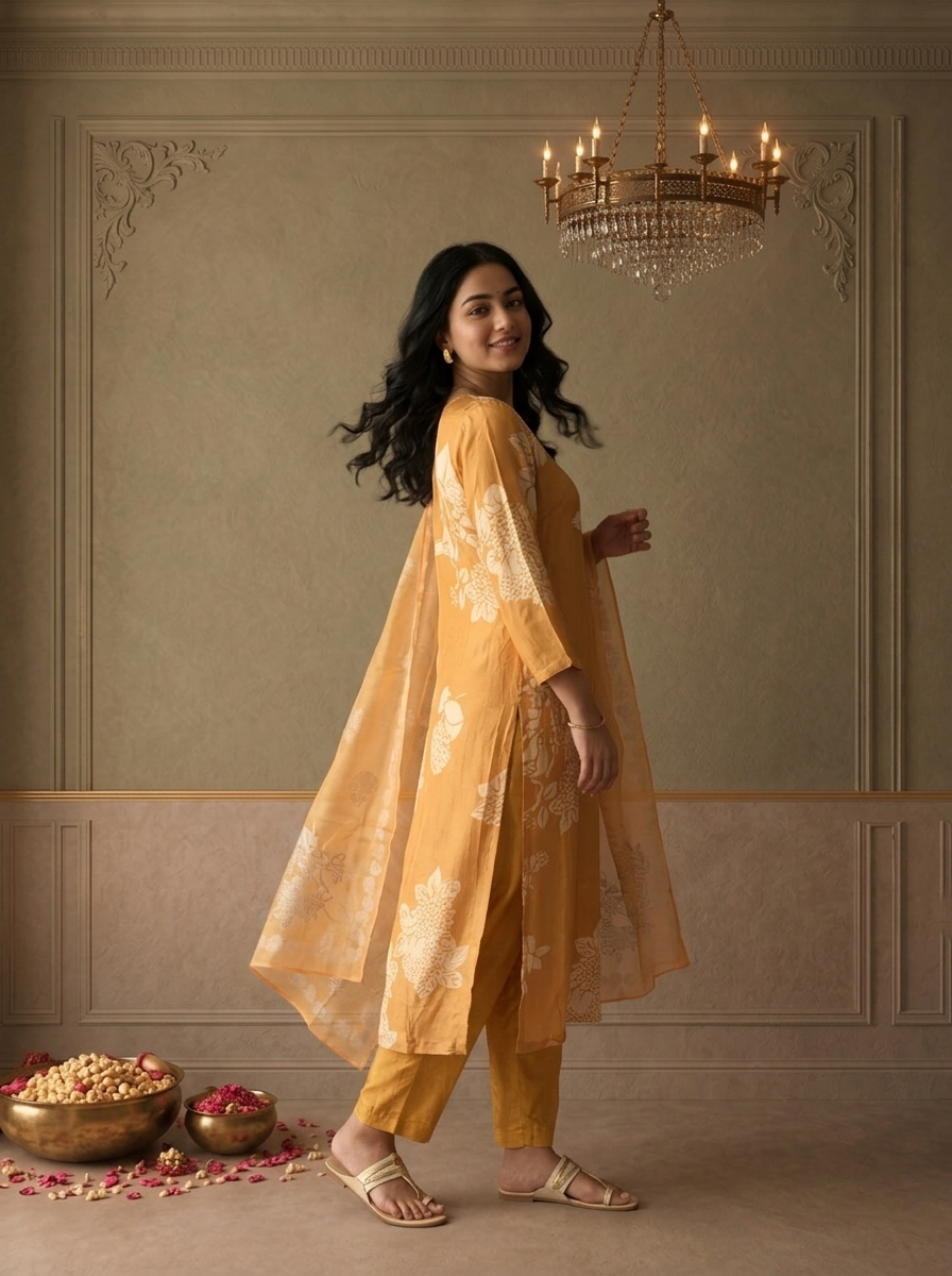 Mustard Crepe Minimal Floral Batik Printed Three Piece Set