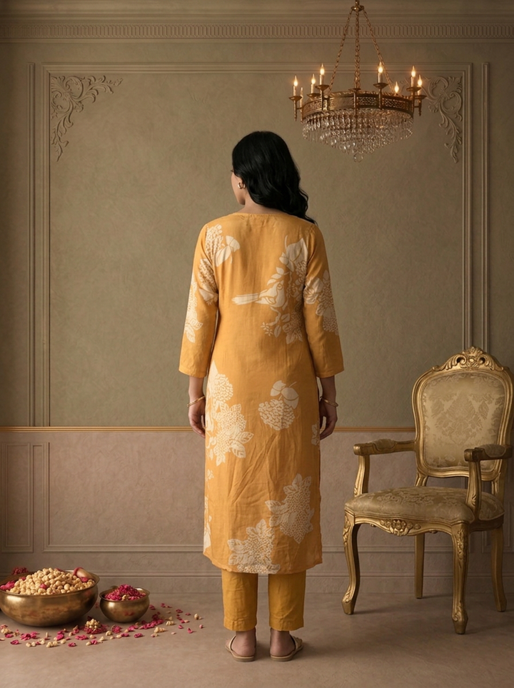 Mustard Crepe Minimal Floral Batik Printed Three Piece Set