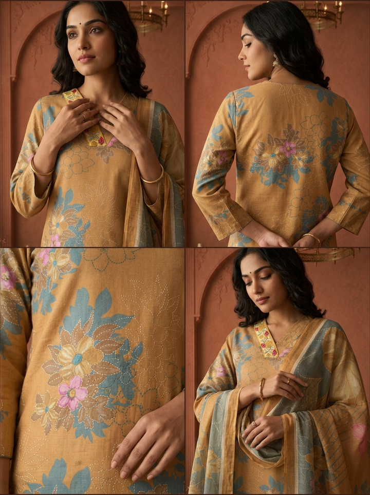 Mustard Green Rayon Floral Printed Three Piece Set