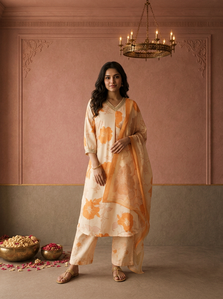 Cream Rayon Floral Printed Three Piece Set