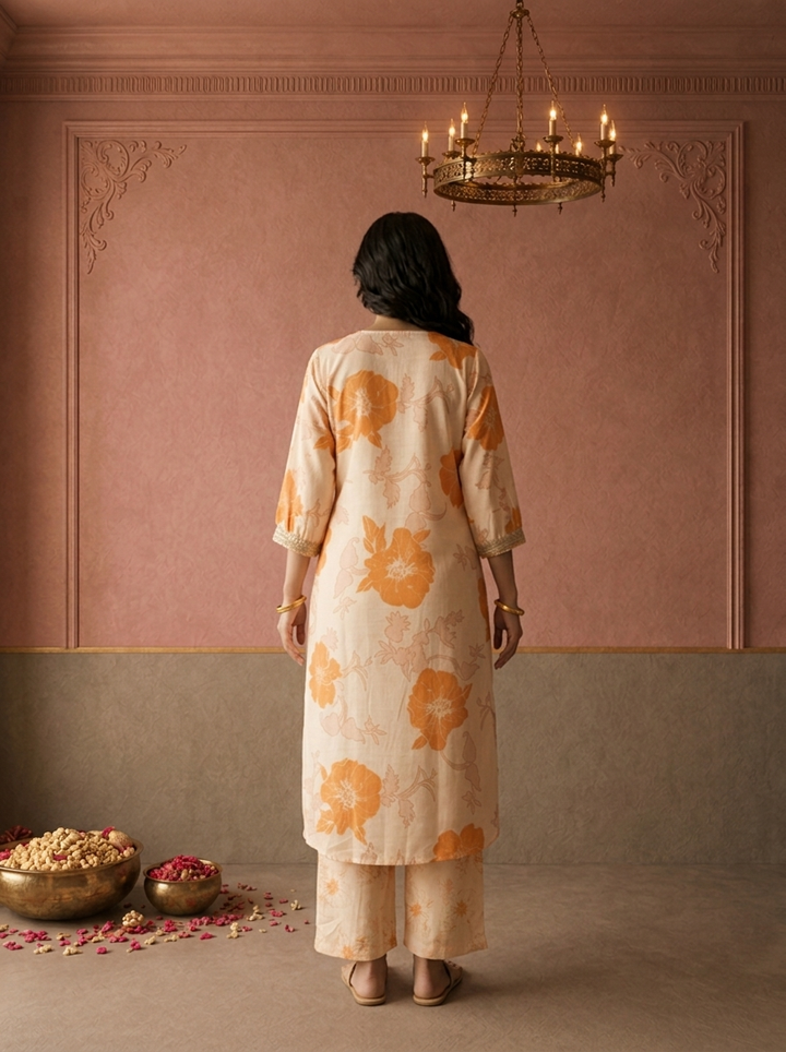 Cream Rayon Floral Printed Three Piece Set