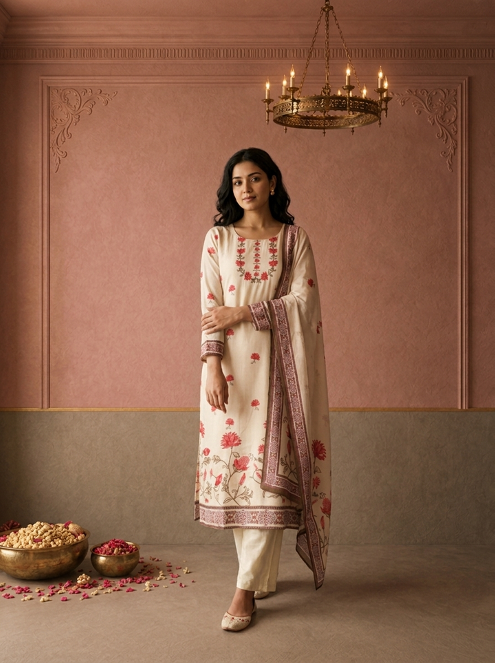 Cream Muslin Floral Buti Printed Three Piece Set
