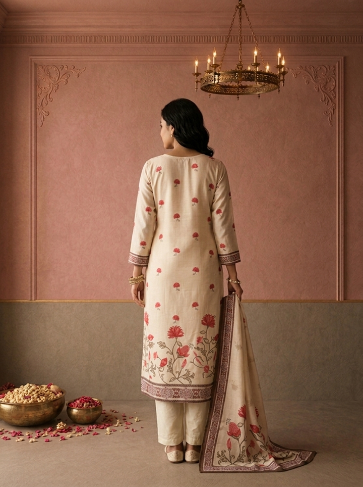 Cream Muslin Floral Buti Printed Three Piece Set