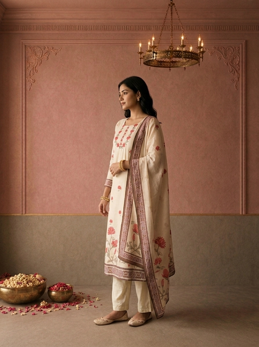 Cream Muslin Floral Buti Printed Three Piece Set