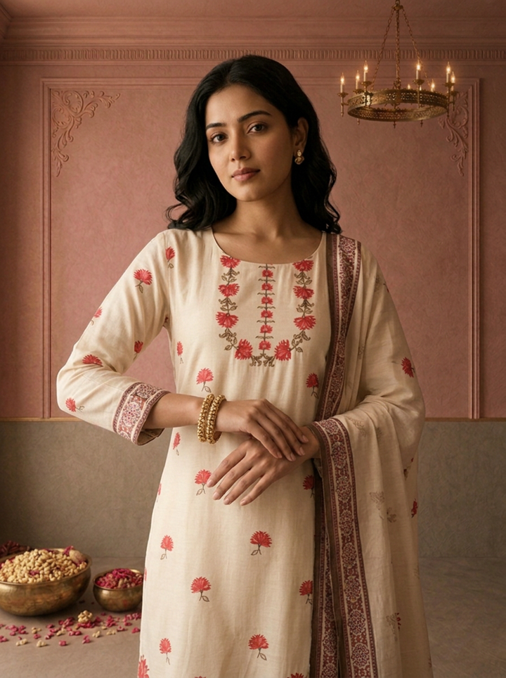 Cream Muslin Floral Buti Printed Three Piece Set