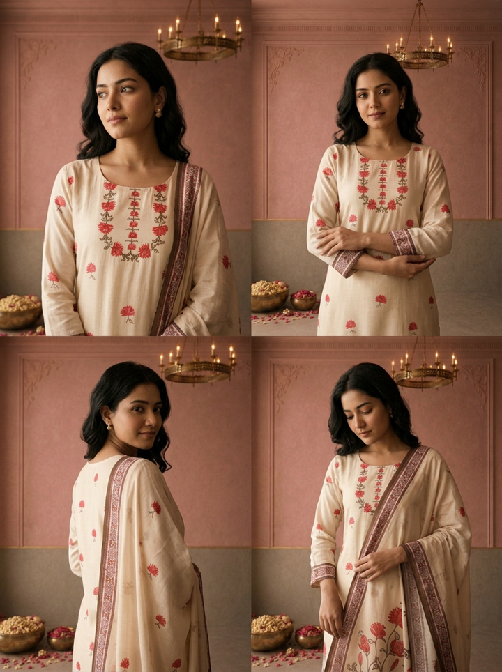 Cream Muslin Floral Buti Printed Three Piece Set