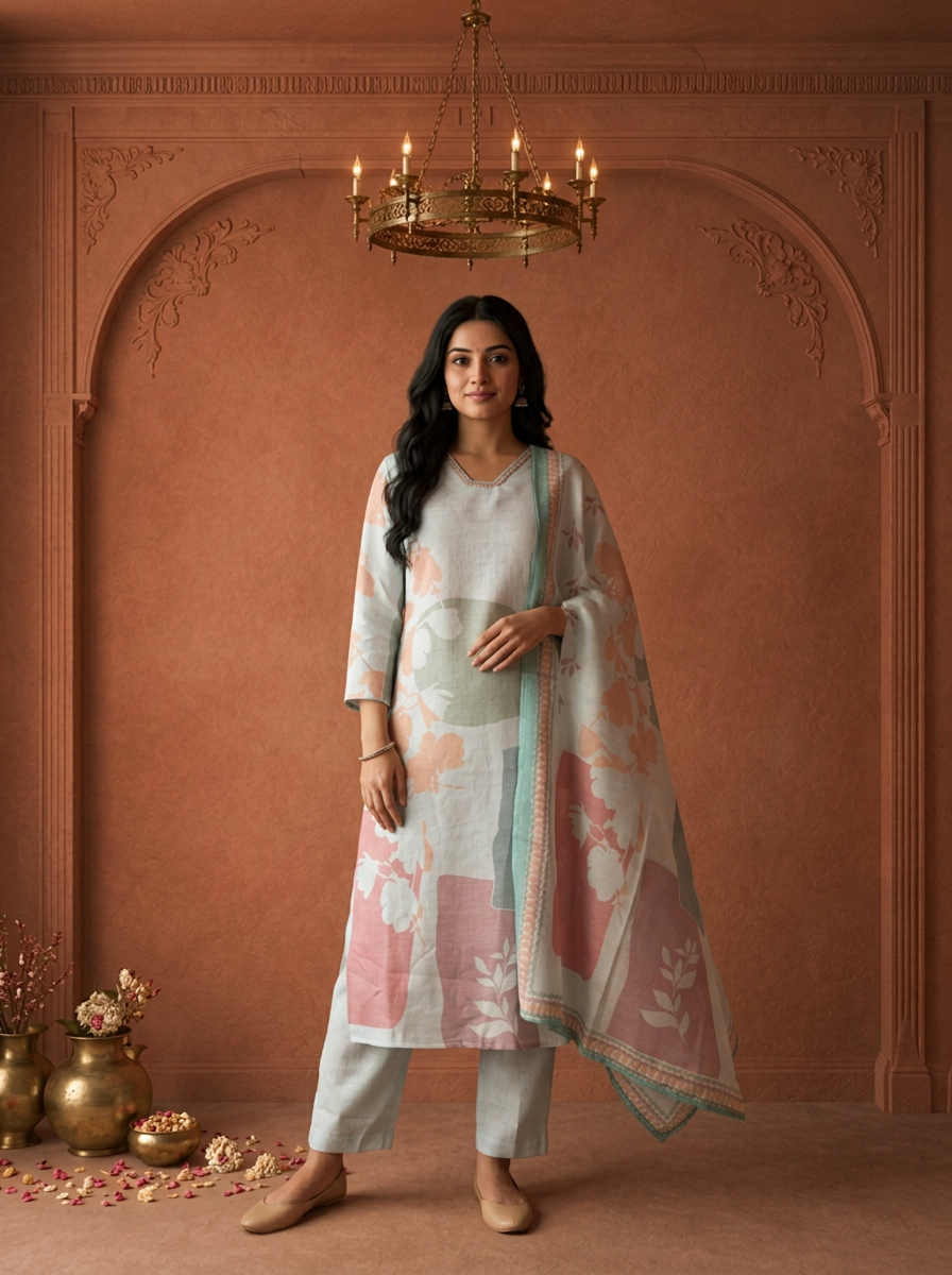 Aqua Linen Abstract Printed Three Piece Set
