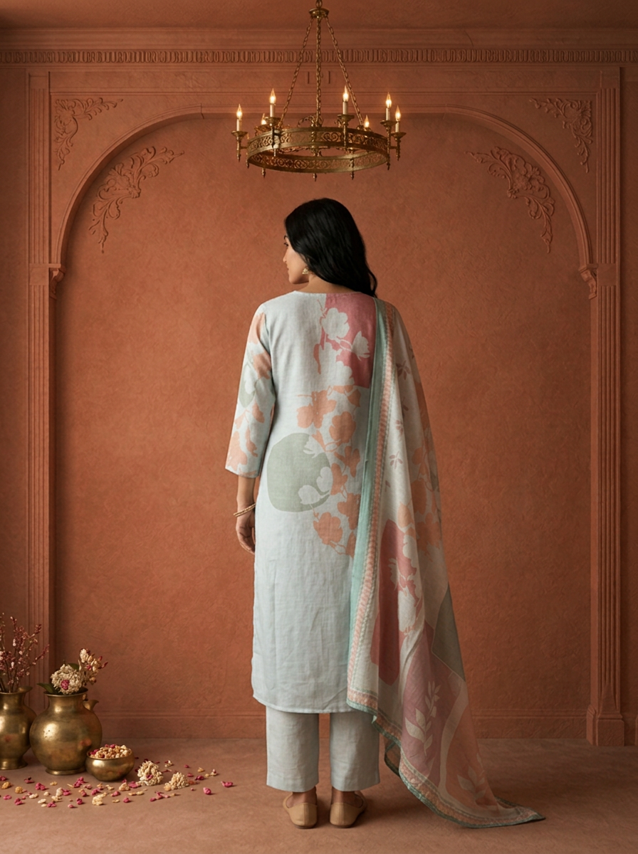 Aqua Linen Abstract Printed Three Piece Set