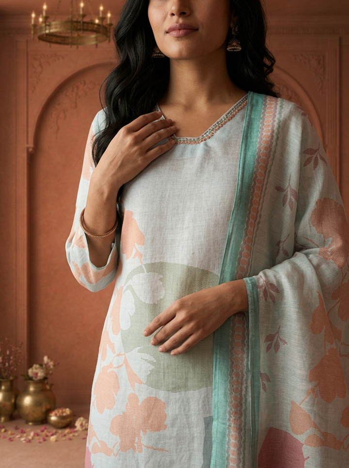 Aqua Linen Abstract Printed Three Piece Set