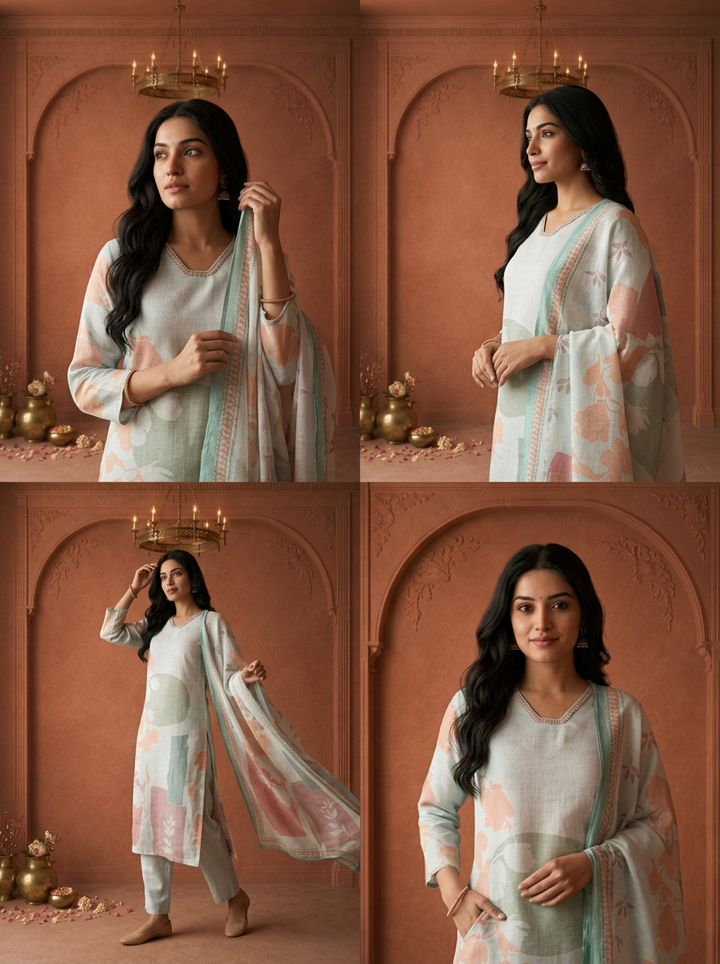 Aqua Linen Abstract Printed Three Piece Set