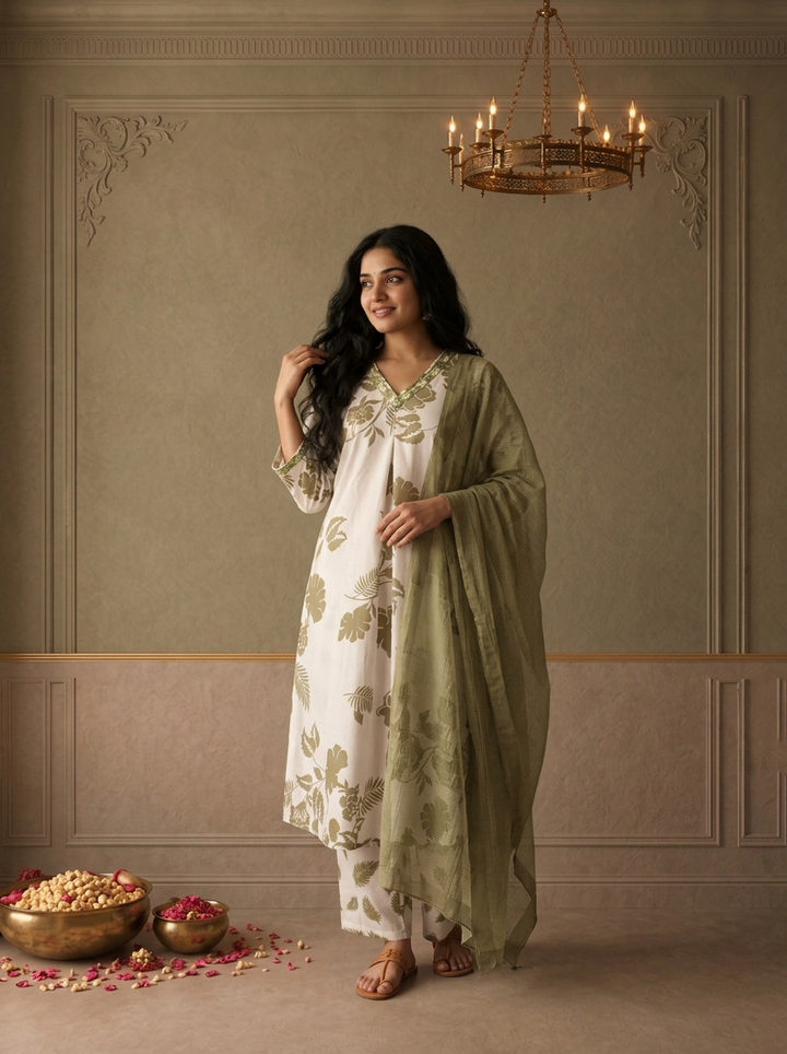 Mehadi Green Rayon Tropical Monstera Leaf Printed Three Piece Set
