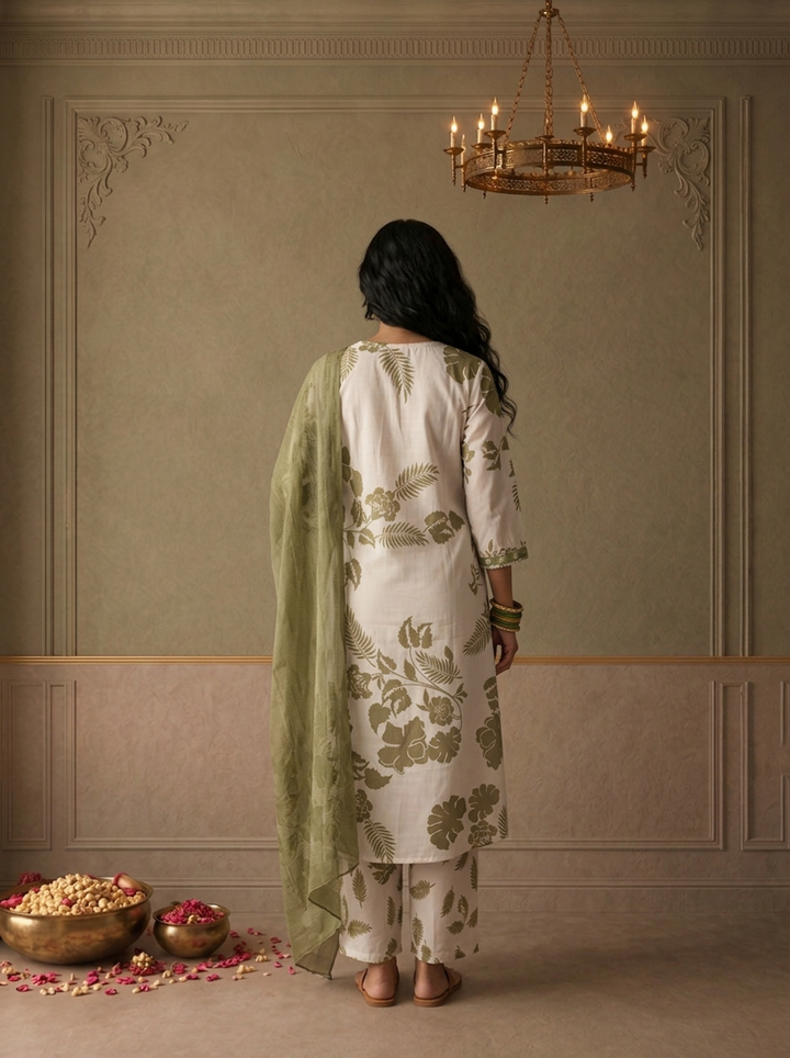 Mehadi Green Rayon Tropical Monstera Leaf Printed Three Piece Set