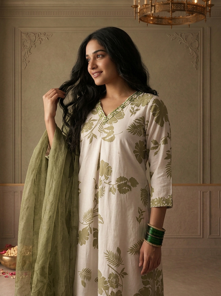 Mehadi Green Rayon Tropical Monstera Leaf Printed Three Piece Set