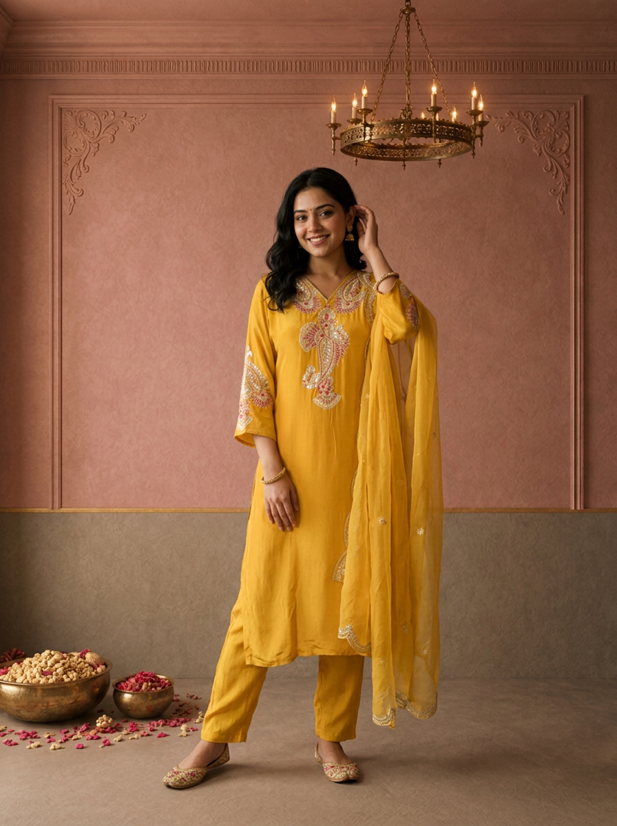 Mustard Crepe Paisley Thread Embroidered Three Piece Set