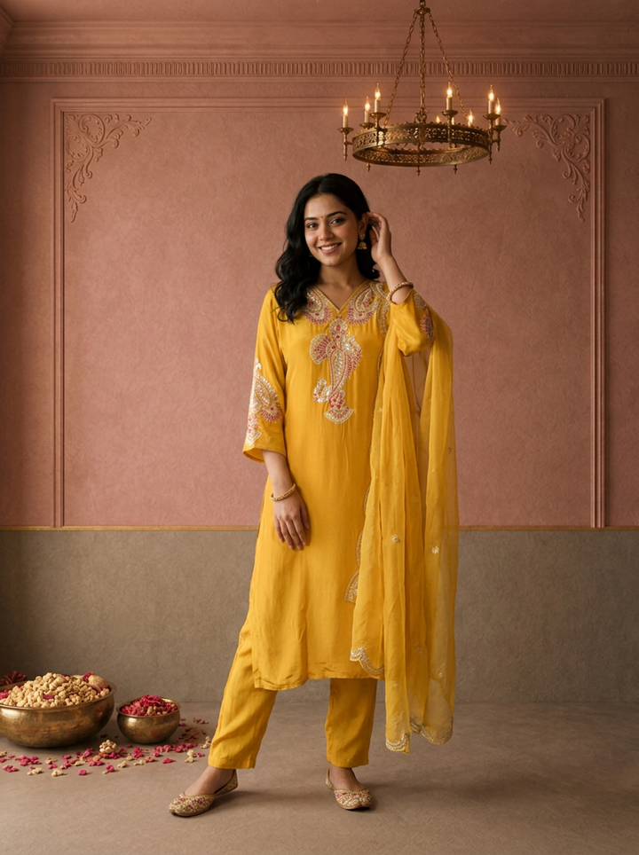 Mustard Crepe Paisley Thread Embroidered Three Piece Set