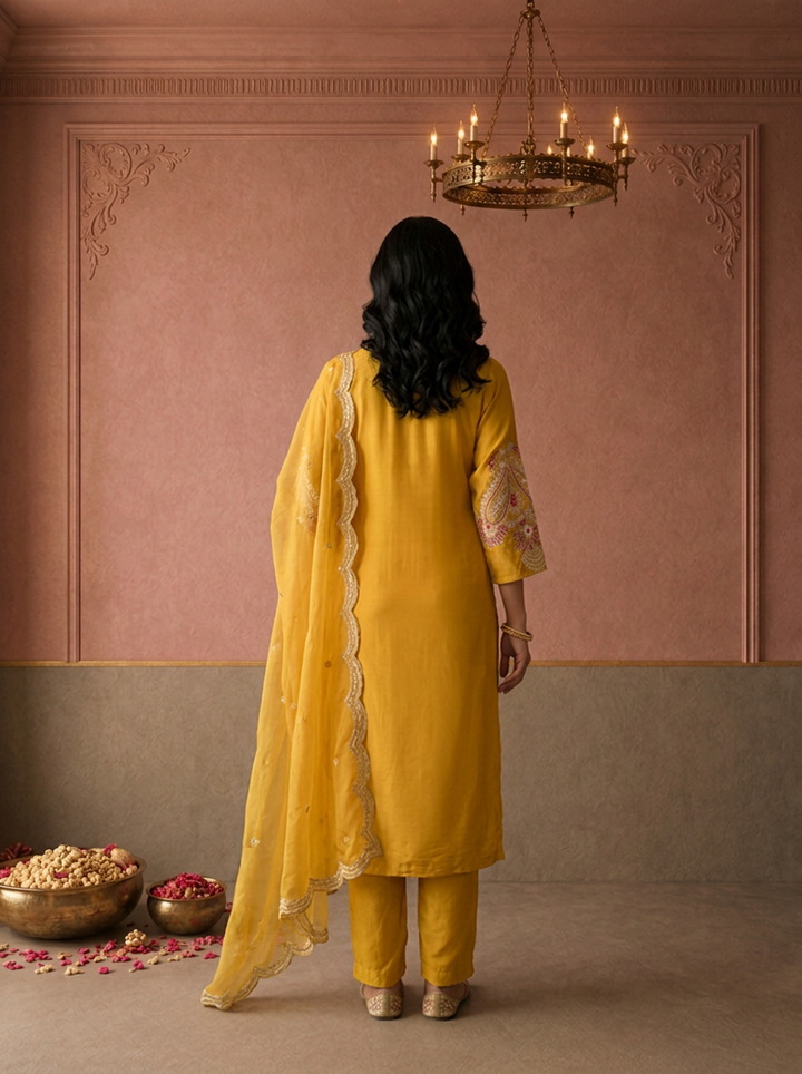 Mustard Crepe Paisley Thread Embroidered Three Piece Set