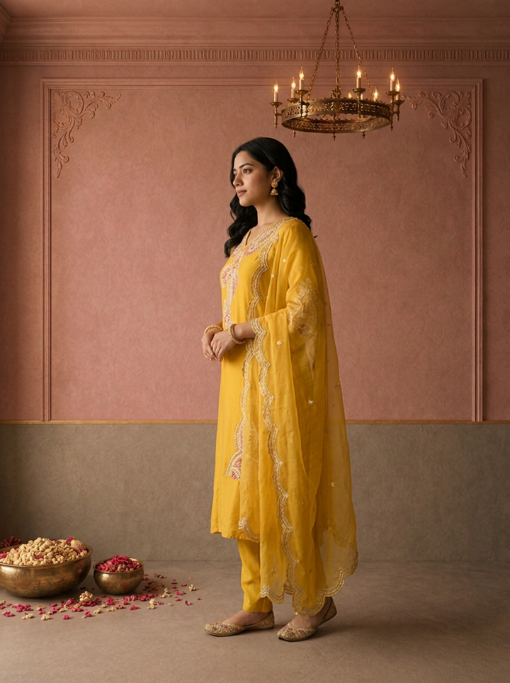 Mustard Crepe Paisley Thread Embroidered Three Piece Set