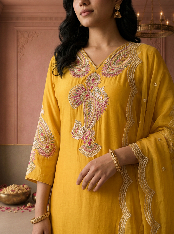 Mustard Crepe Paisley Thread Embroidered Three Piece Set
