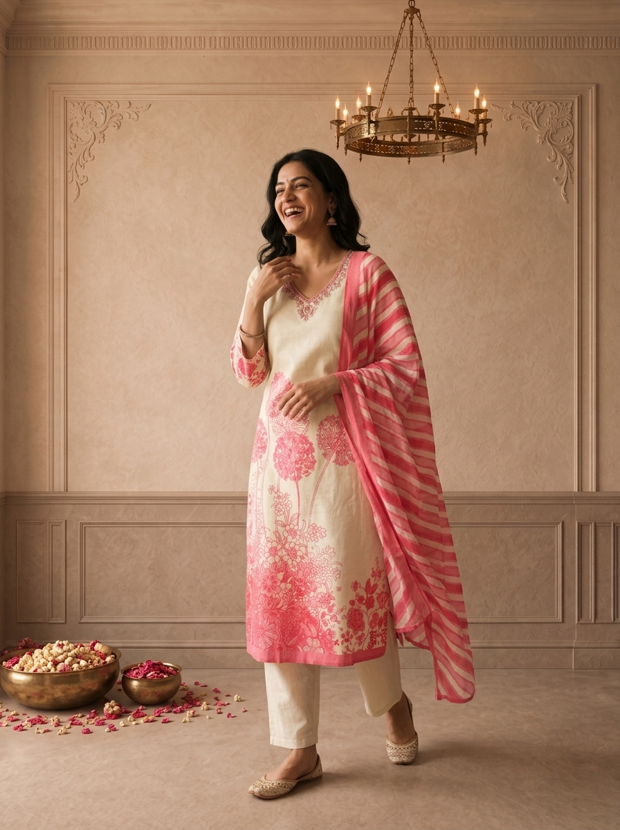 Pink Cotton Dandelion Floral Printed Three Piece Set