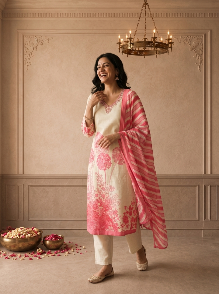 Pink Cotton Dandelion Floral Printed Three Piece Set