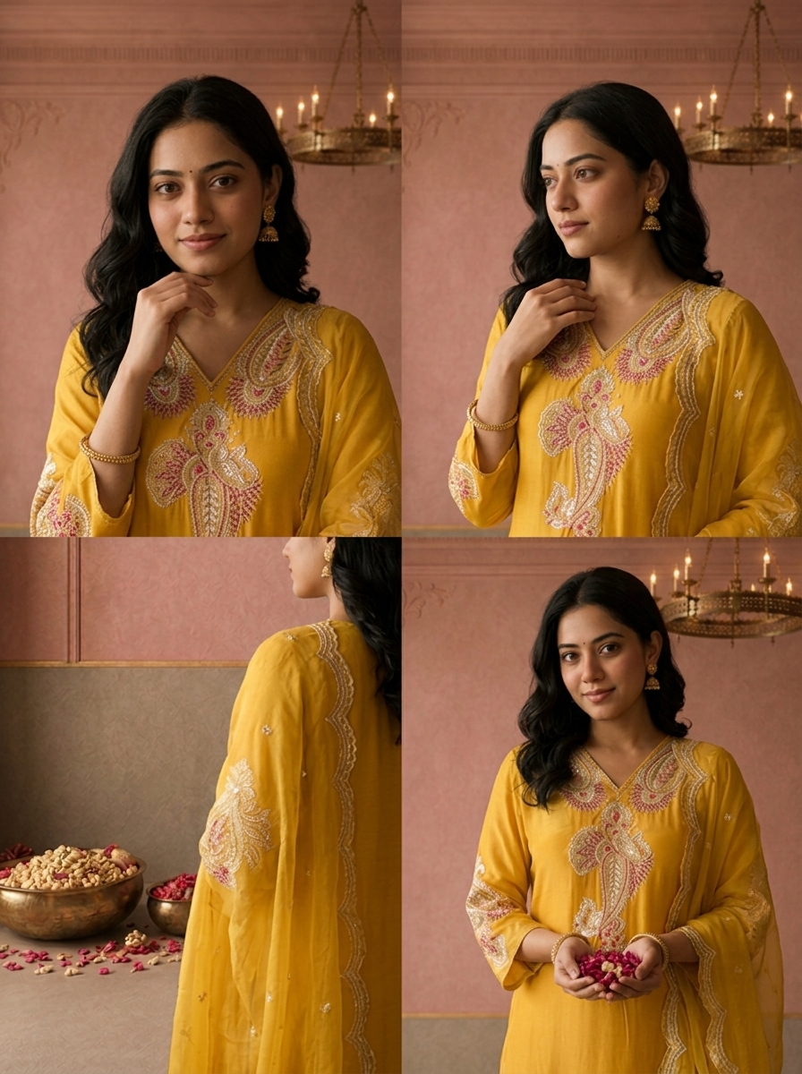 Mustard Crepe Paisley Thread Embroidered Three Piece Set