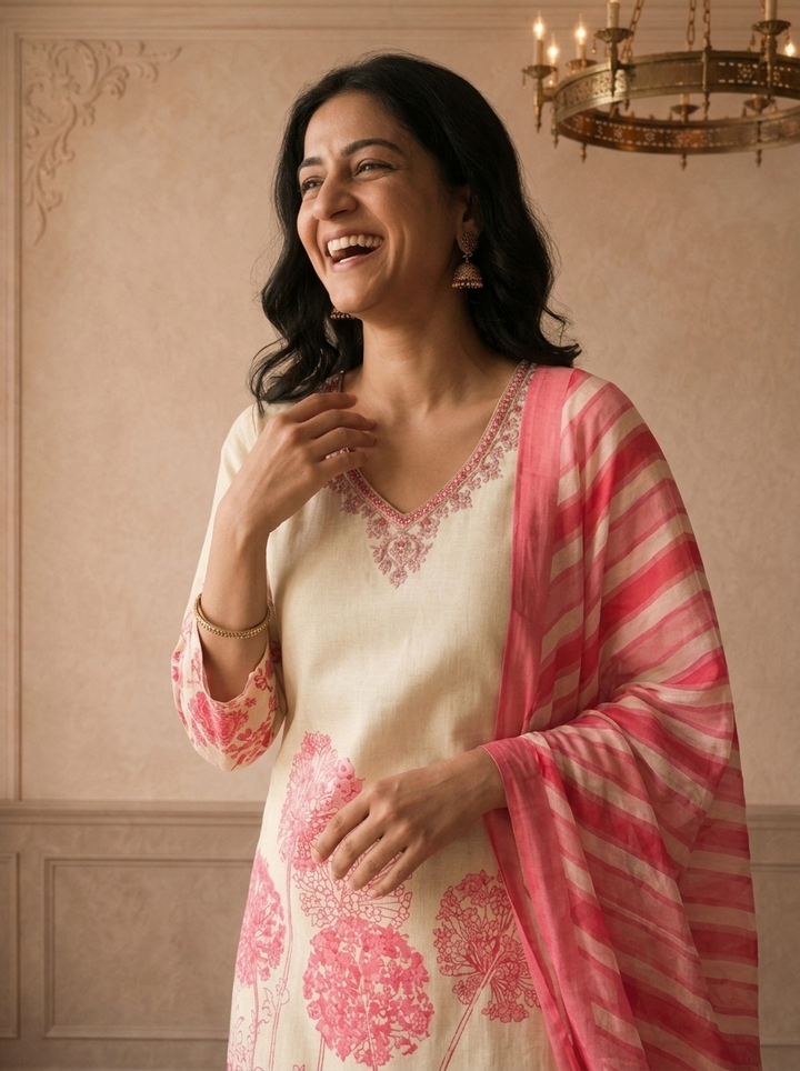 Pink Cotton Dandelion Floral Printed Three Piece Set