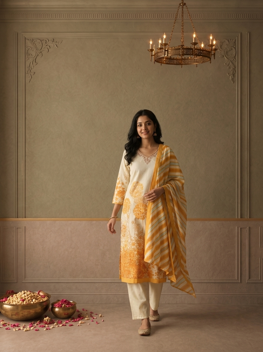 Gold Cotton Dandelion Floral Printed Three Piece Set
