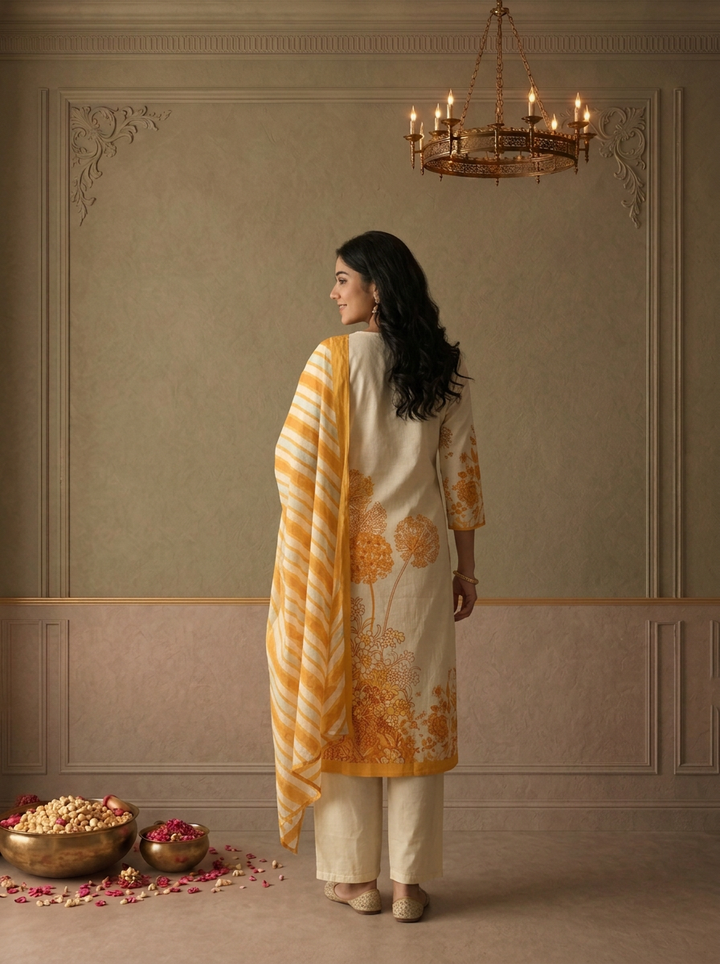 Gold Cotton Dandelion Floral Printed Three Piece Set