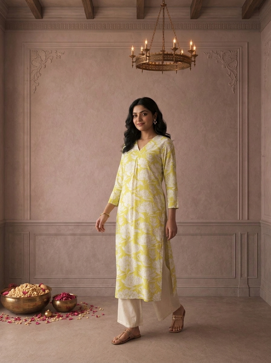 Lime Rayon Lotus Floral Printed Kurta