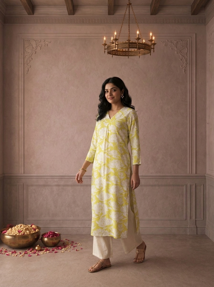 Lime Rayon Lotus Floral Printed Kurta