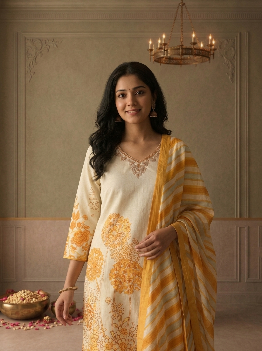 Gold Cotton Dandelion Floral Printed Three Piece Set