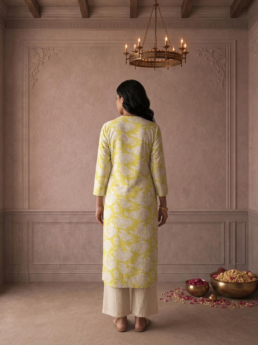 Lime Rayon Lotus Floral Printed Kurta