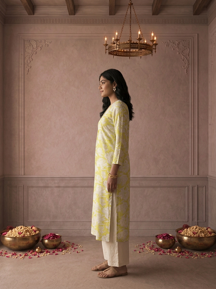 Lime Rayon Lotus Floral Printed Kurta