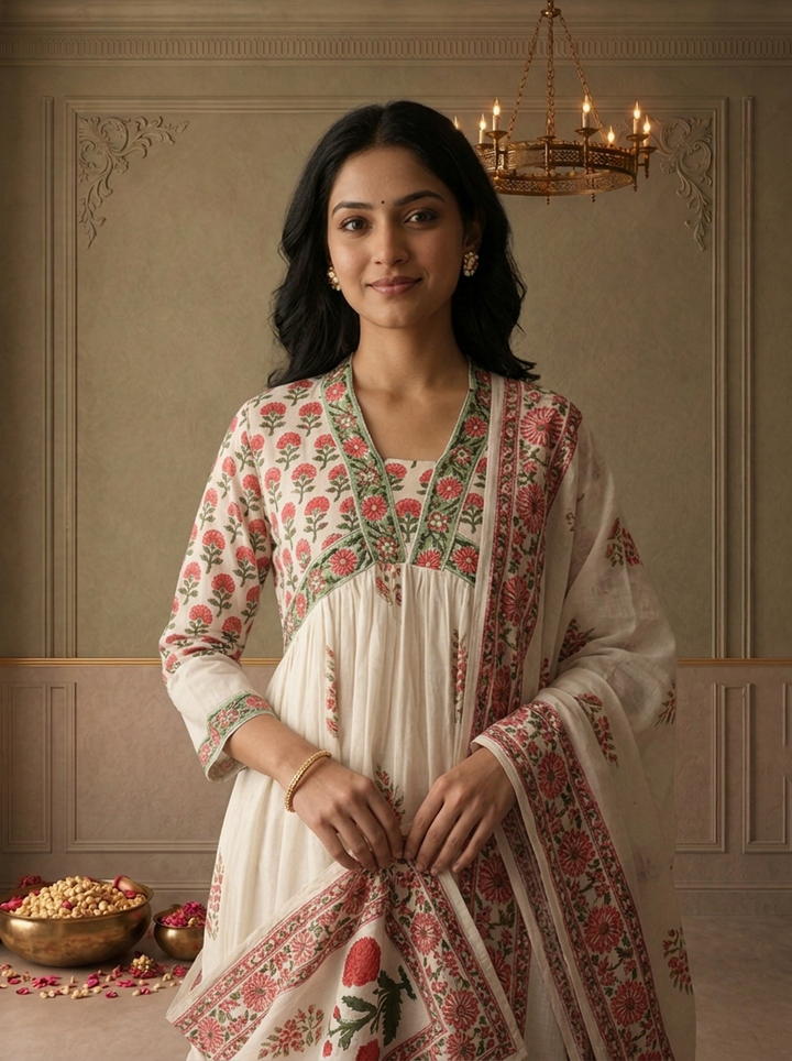 Off White Cotton Mughal Block Printed Three Piece Set