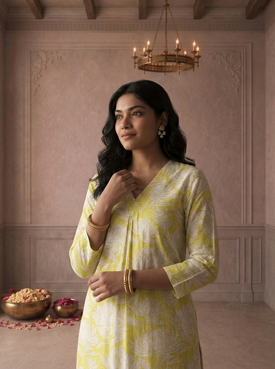 Lime Rayon Lotus Floral Printed Kurta
