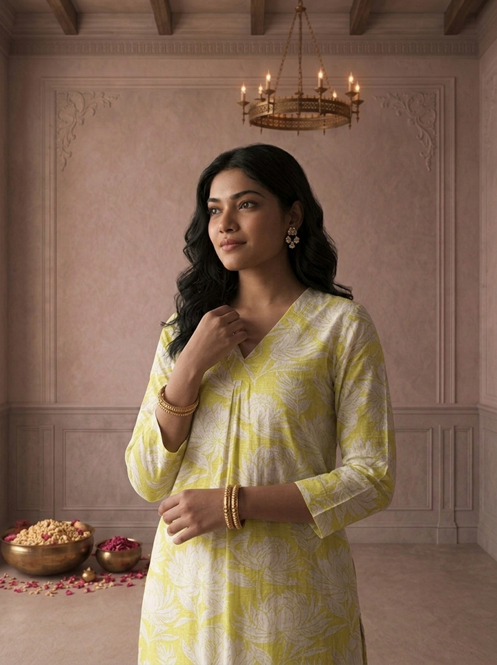 Lime Rayon Lotus Floral Printed Kurta
