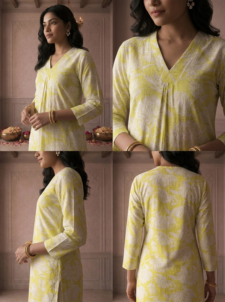 Lime Rayon Lotus Floral Printed Kurta