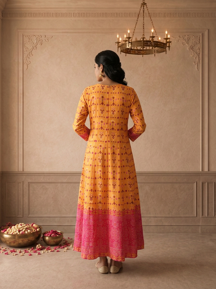Mustard Silk Patola Printed Dress