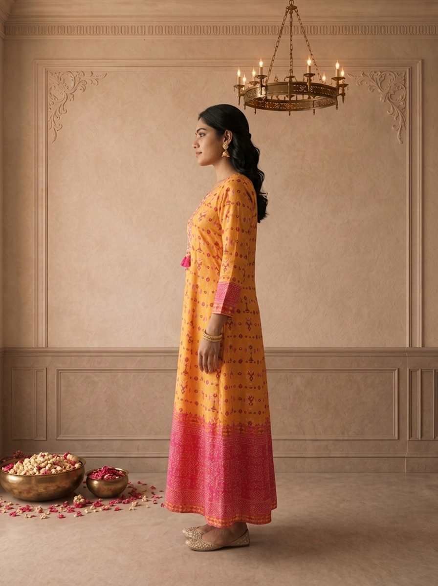 Mustard Silk Patola Printed Dress