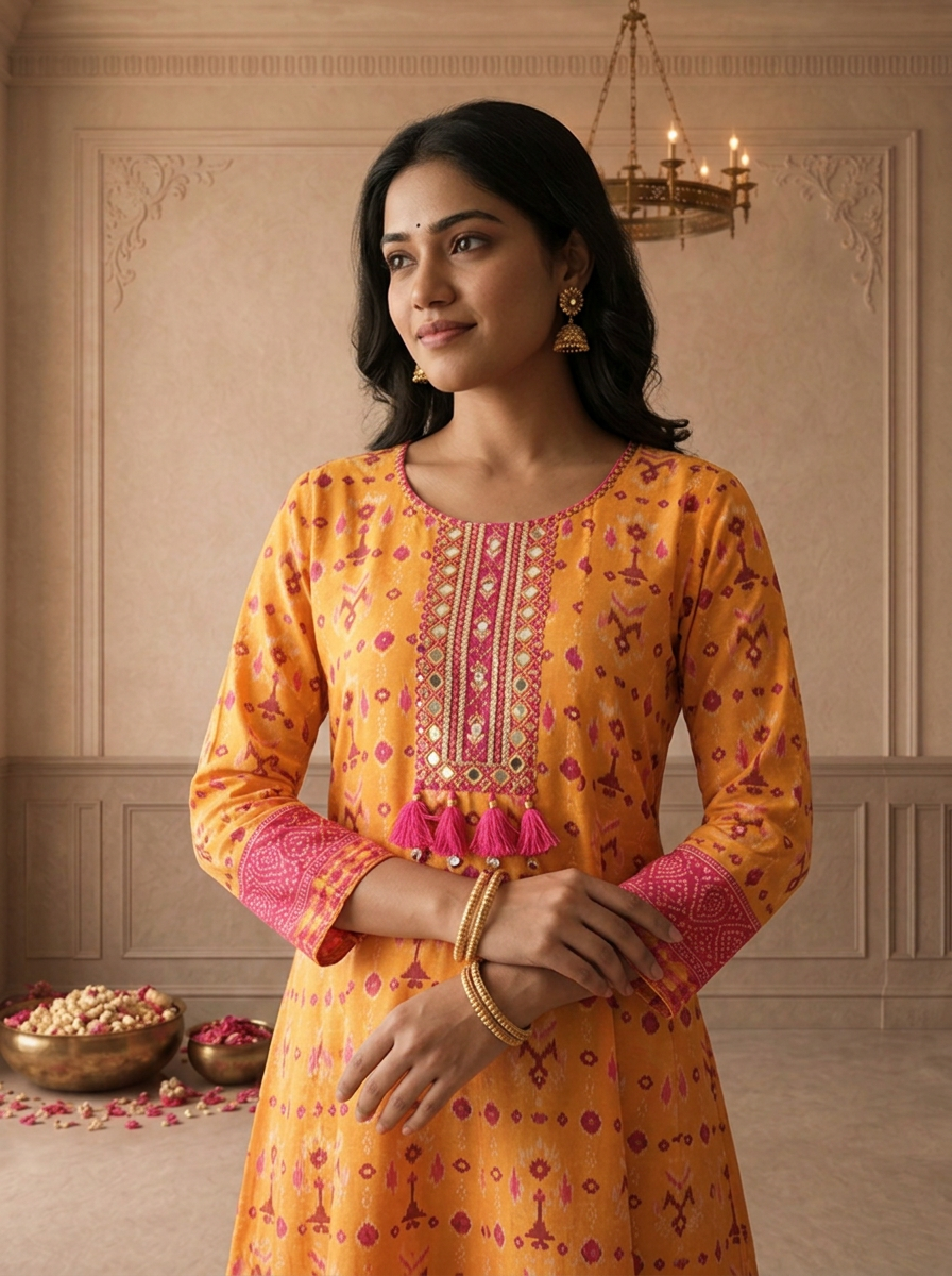 Mustard Silk Patola Printed Dress