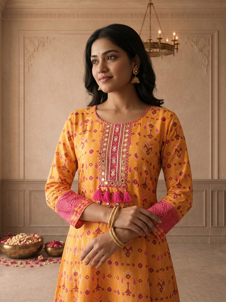 Mustard Silk Patola Printed Dress