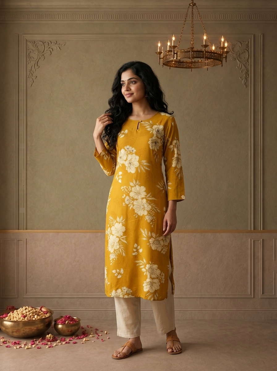 Mustard Rayon Bunch Floral Printed Kurta