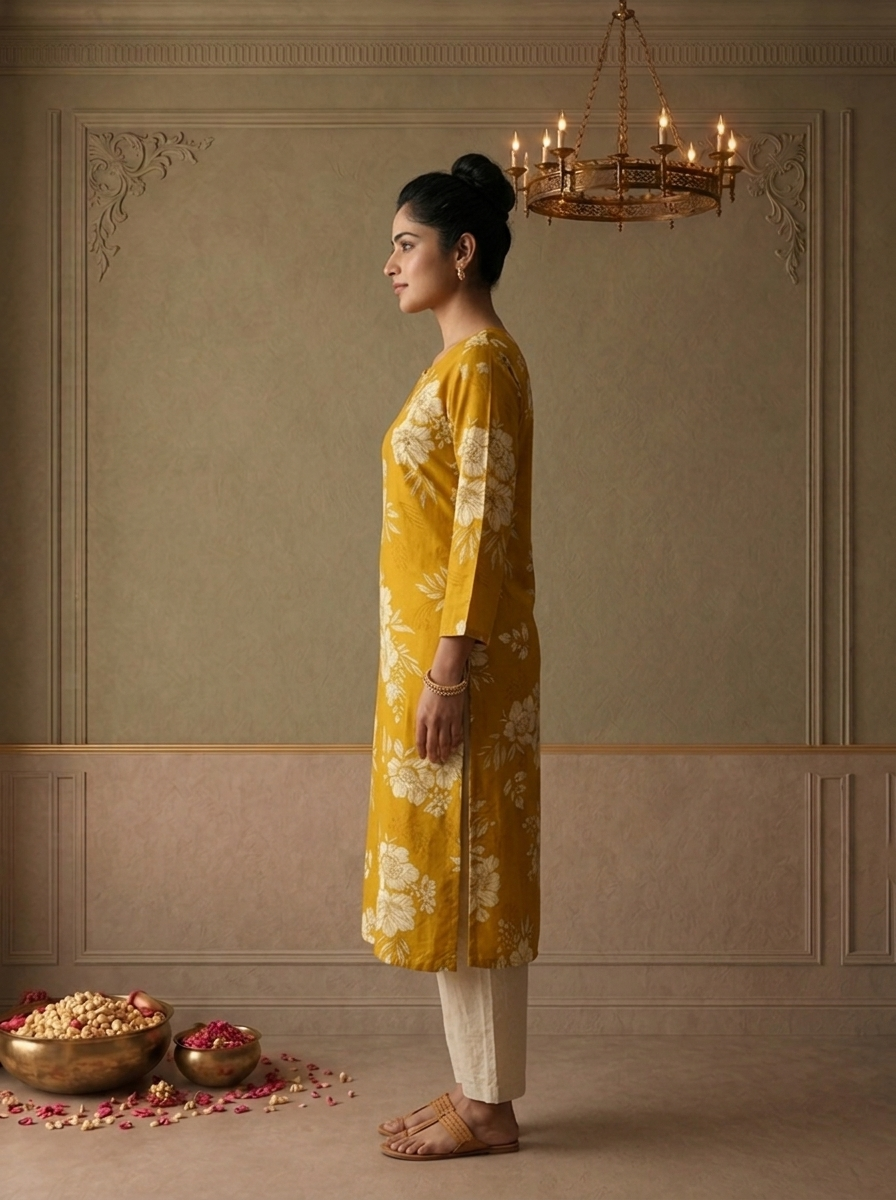 Mustard Rayon Bunch Floral Printed Kurta