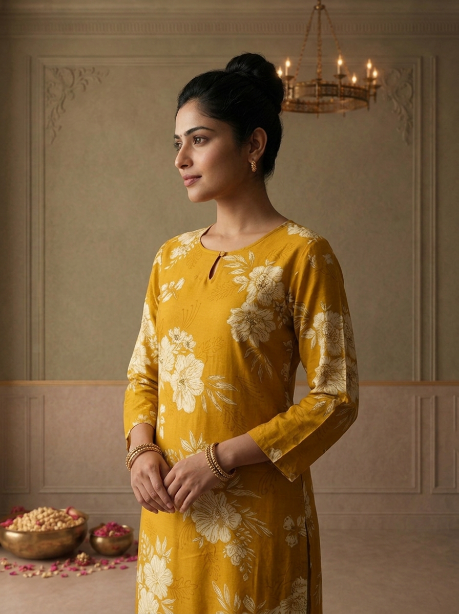 Mustard Rayon Bunch Floral Printed Kurta